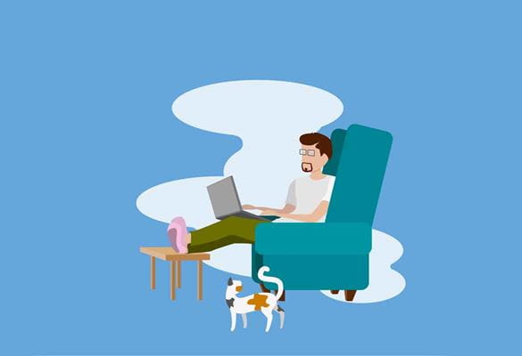 An illustration of a man sat on a sofa with a laptop and his feet on the coffee table