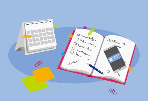 Illustration of a notebook, smartphone, desktop calendar and sticky notes
