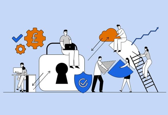 Illustration of six people working amongst several cloud security icons and chart elements to represent how hybrid working is it changing the face of business IT security
