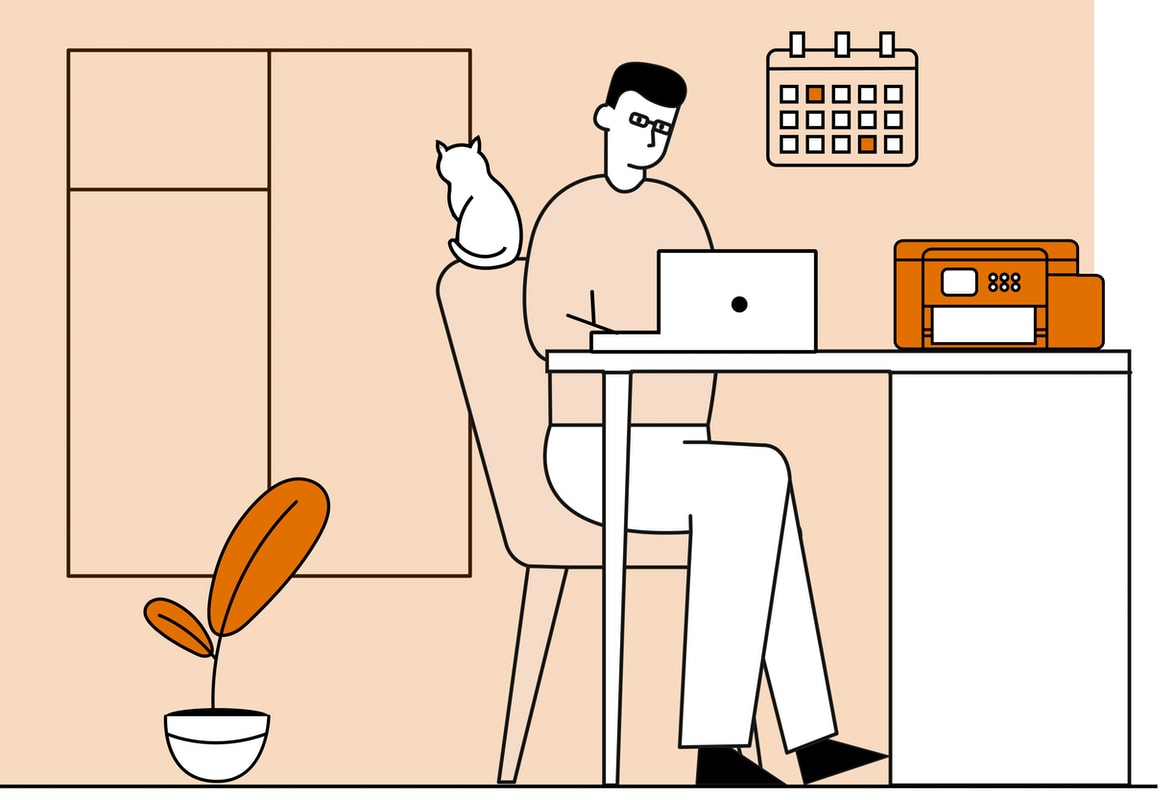 Illustration of a man working on a notebook computer while sat at a desk in a home office environment
