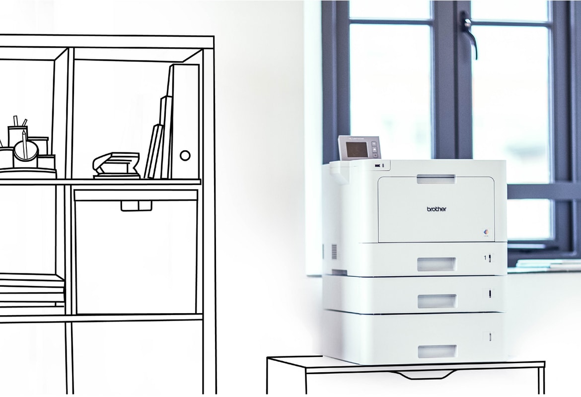 Illustration of shelving and drawer units blended with a photo of a Brother laser printer in front of a window