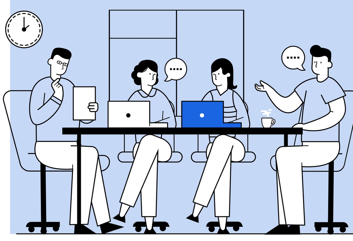 Illustration of four work colleagues having a meeting around a table with notebook computers in front of a window in an office environment