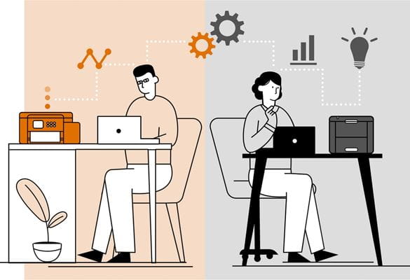 illustration depicting the similarities between a man working in an office environment next to a woman working in a home office environment