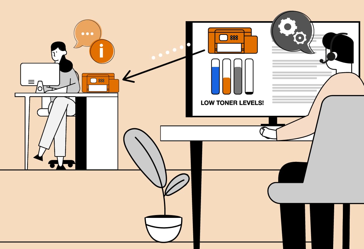 Illustration of an IT support team member who is sat at a desktop computer, remotely managing a printer that's being used by a lady in a hybrid working environment