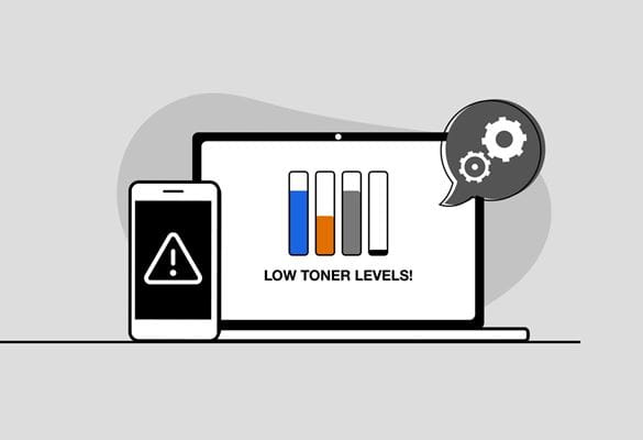 Illustration of a smartphone receiving a low toner level alert from print management software running on a notebook computer