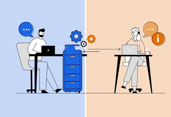 Illustration depicting a man working from home receiving real-time, remote device management from a female technical expert