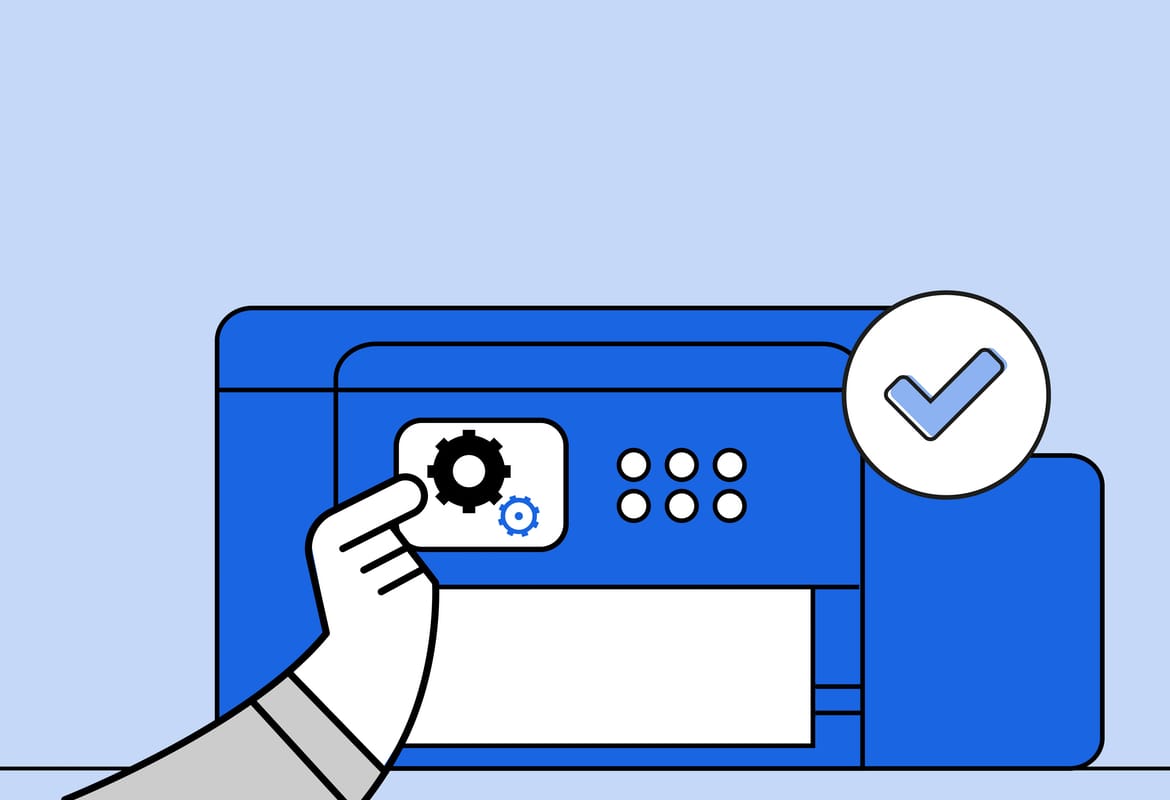 Illustration of a person directly accessing help from the control panel of a desktop printer
