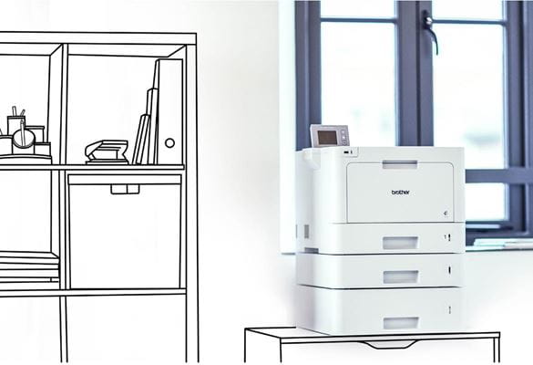Illustration of shelving and drawer units blended with a photo of a Brother laser printer in front of a window