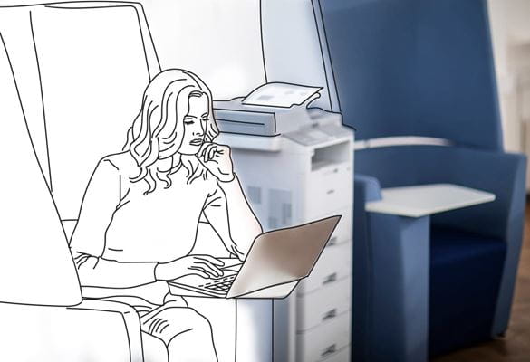 Illustration of a woman using a notebook computer while sat in an armchair, blended into a photo of a Brother printer with an empty armchair on the other side