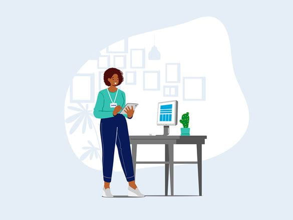 Illustration of business woman holding a tablet stood next to a table with a monitor on it