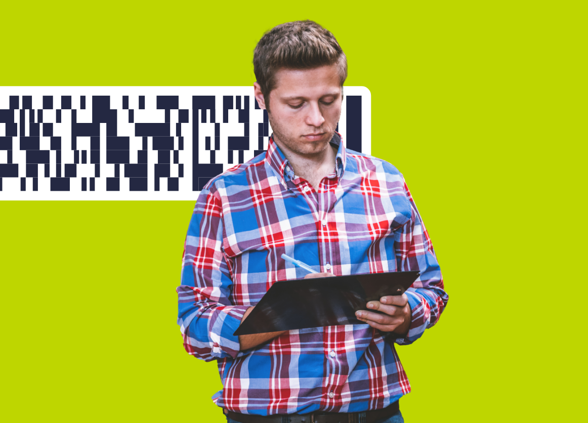 A man on a green background holding a tablet device and stylus