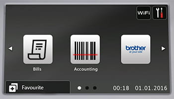 Brother multifunction printer touchscreen displaying icons for bills, accounting and the Brother logo