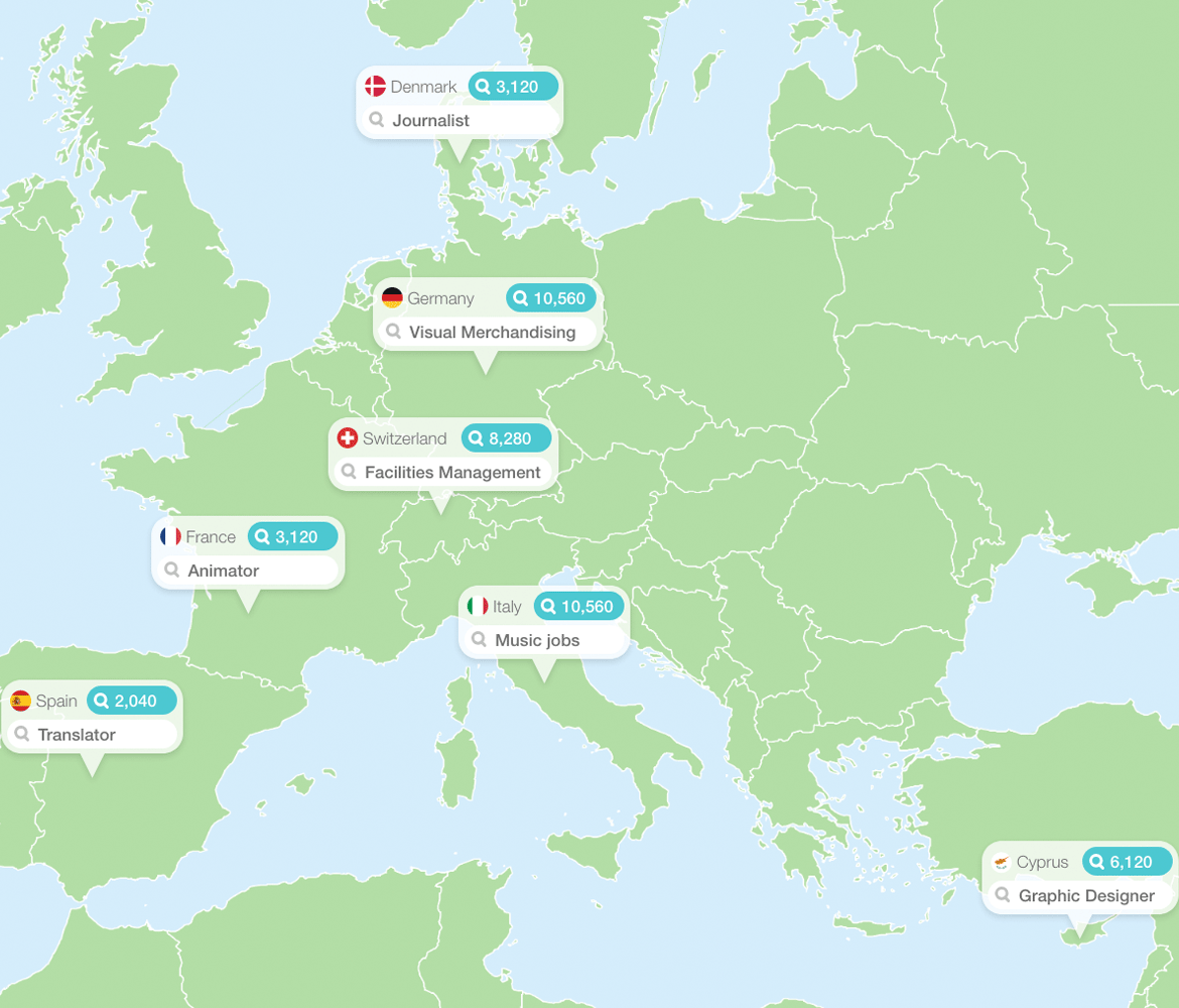 map showing the most searched for jobs in europe