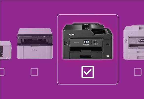 Line up of brother printers on a purple background
