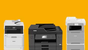 Three illustrated printers on an amber background