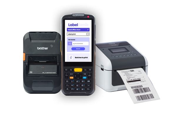 A smartphone running cloud-based LabelGenie print software with two Brother label printers on either side
