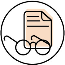 Circular icon with illustration of reading glasses and a document to represent improved auditing