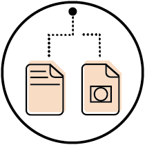 Circular icon with illustration of two documents in a flowchart to represent rules based workflows