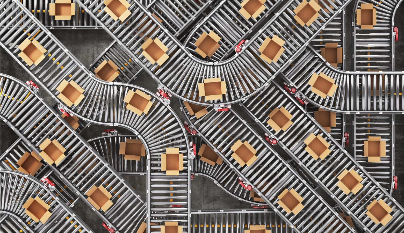 Open boxes on a number of conveyer belts