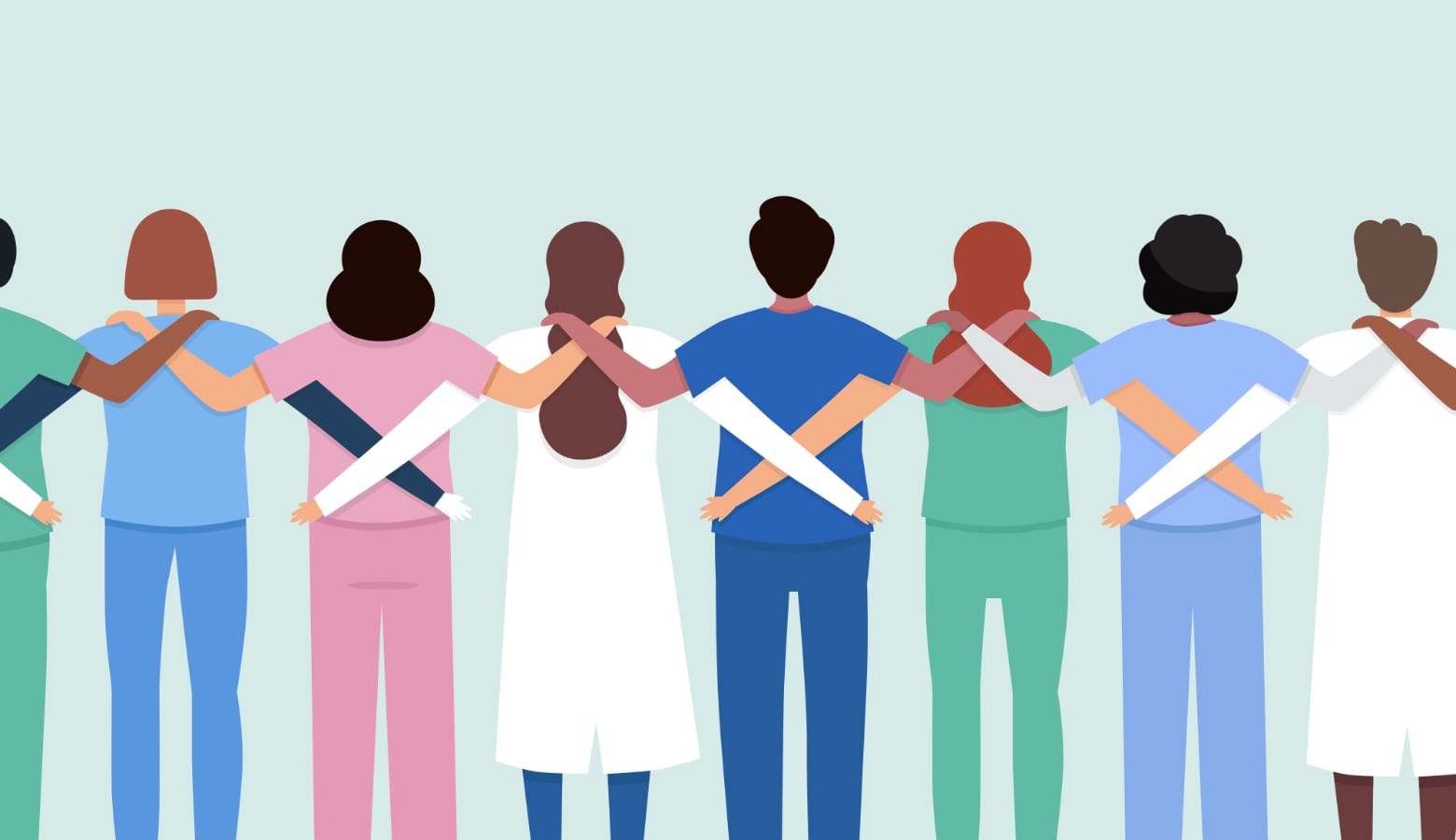 Illustration of the backs of a medical team in a row with their arms on each others shoulders to signify unity