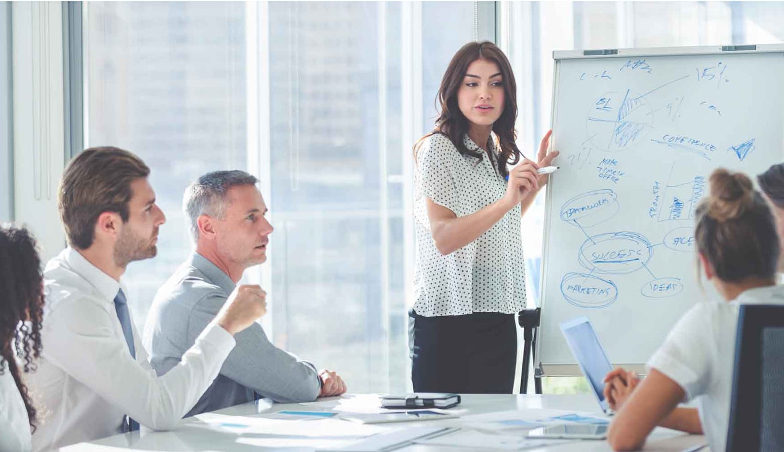 A business woman using a flip chart to note ideas from colleagues who are seated around a table in a meeting room