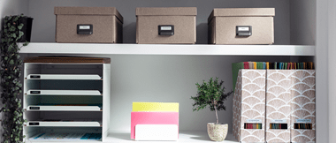 Two shelves with 3 brown boxes on top and 3 folders, a plant and file drawers underneath