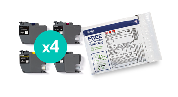 image showing 4 empty Brother inkjet cartridges next to Brother recycling envelope 