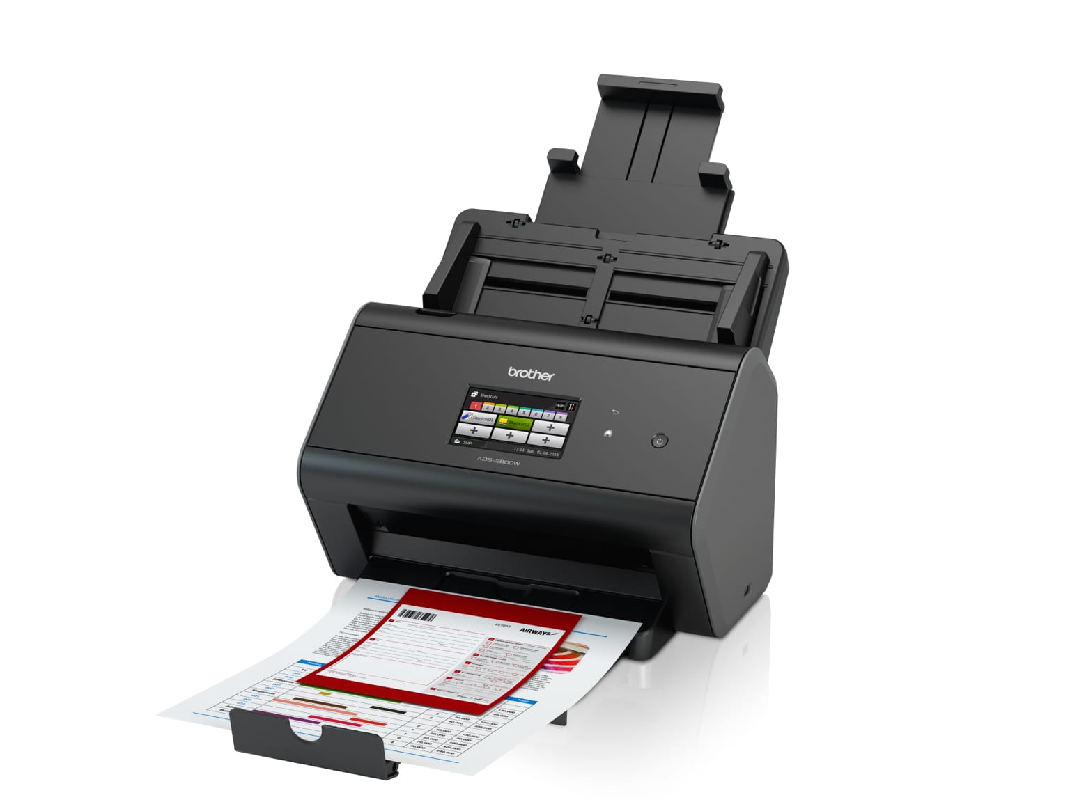 Brother ADS-2800W desktop scanner 3/4 view with output