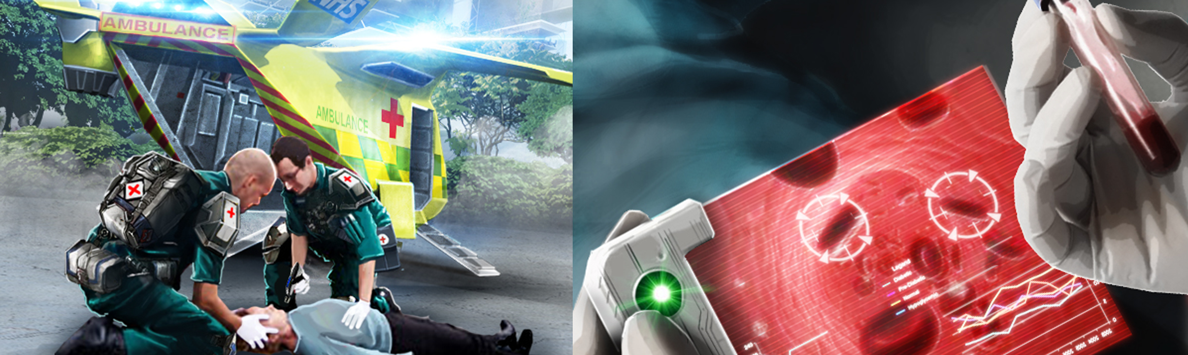 Paramedics use handheld diagnostics and nanotechnology to inspect a patient’s blood outside the hospital of the future.