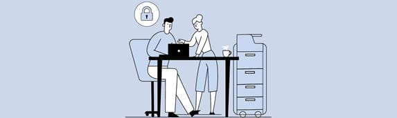 Illustration of a man and woman using a notebook computer at a desk with a padlock in a bubble above them and a large pinter to the side