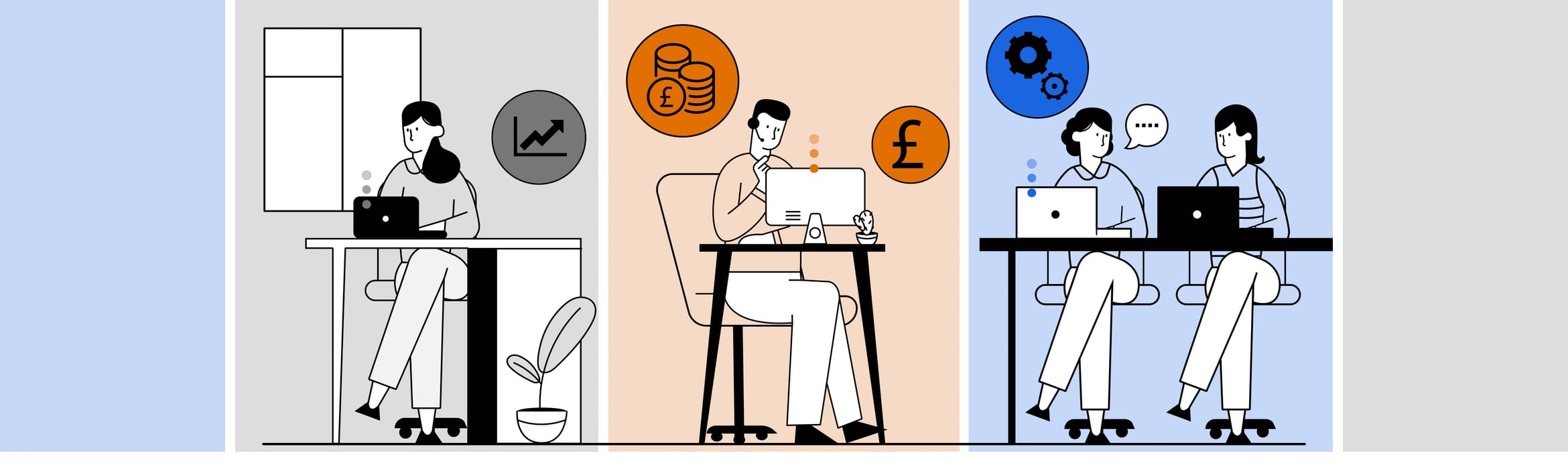 Illustration of three hybrid working scenarios - a lady working in a home environment, a man on a call at a helpdesk and two female colleagues having a discussion in an office environment