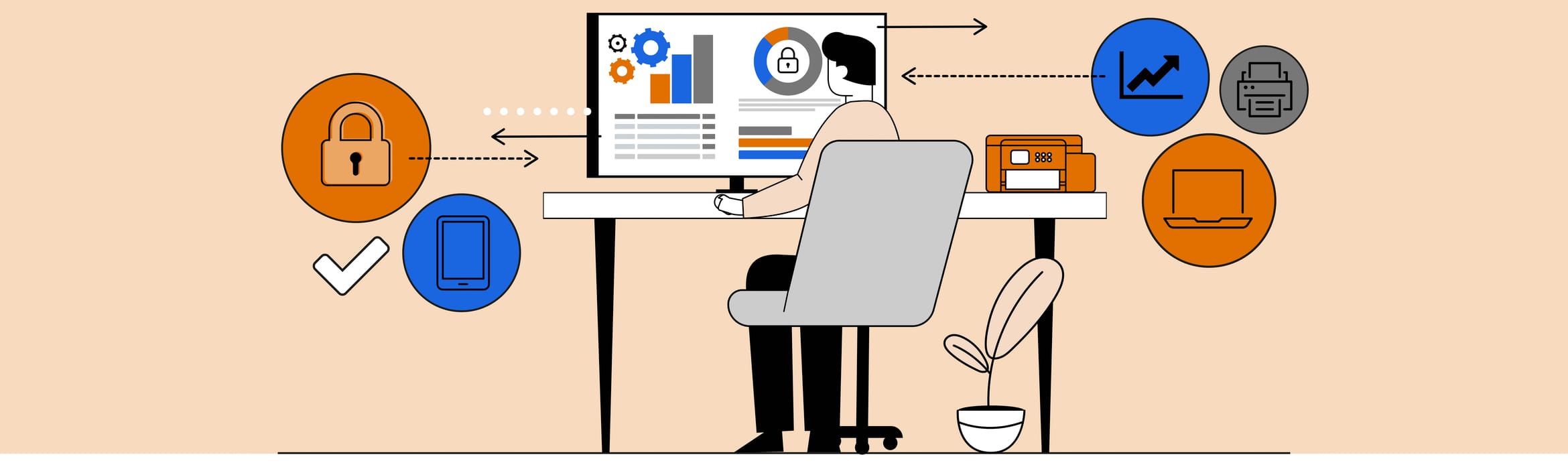 Illustration of a man looking at a computer monitor which is filled with charts and statistics while sat at a desk with various icons around him highlighting security risks