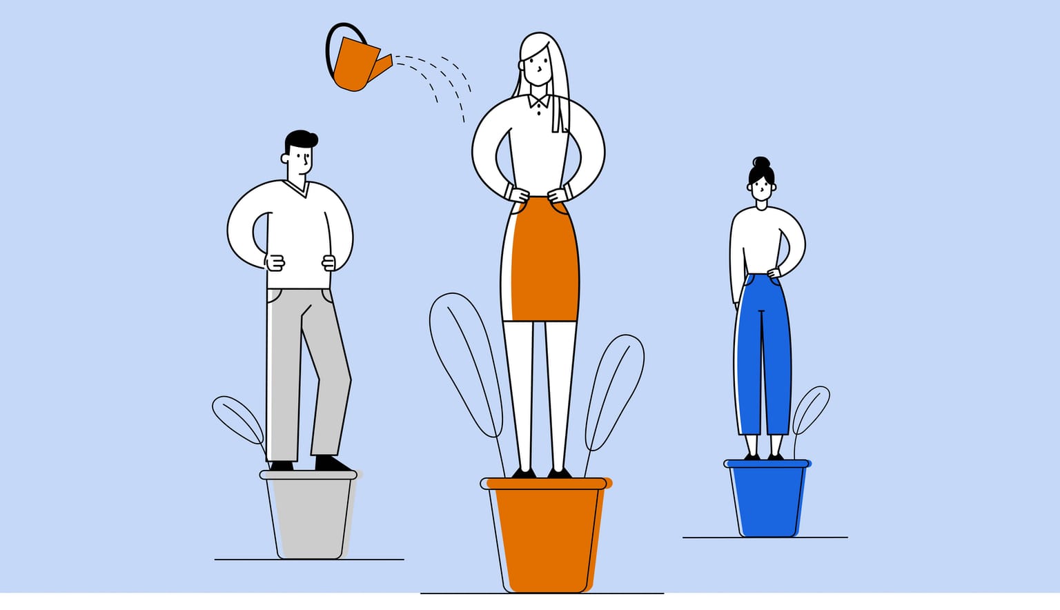 Illustration of two women and a man standing on plant pots, a watering can is sprinkling water over the lady who is in the middle and in the foreground