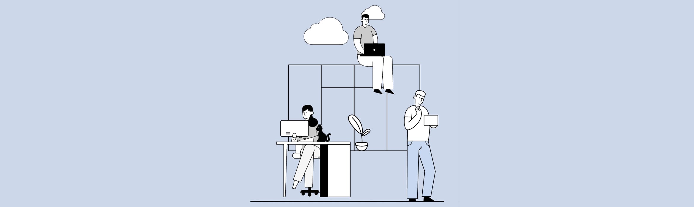 Illustration of a woman at a desk and two men by a window, depicting the benefits and flexibility of working in a home office environment