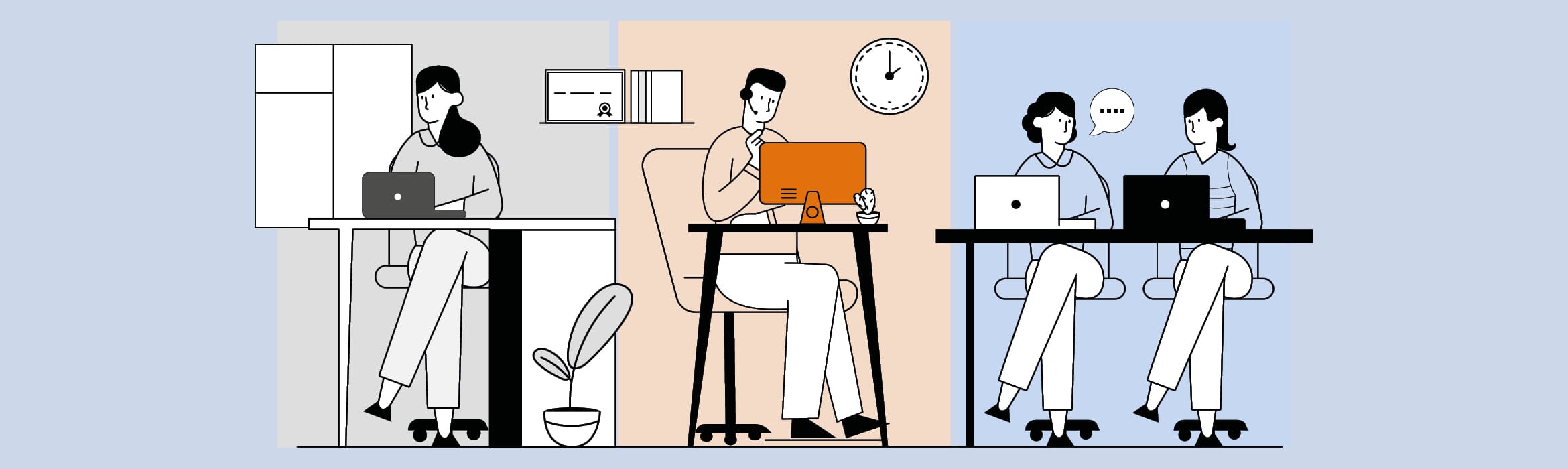 Illustration of three hybrid working scenarios - a lady working in a home environment, a man on a call at a helpdesk and two female colleagues having a discussion in an office environment