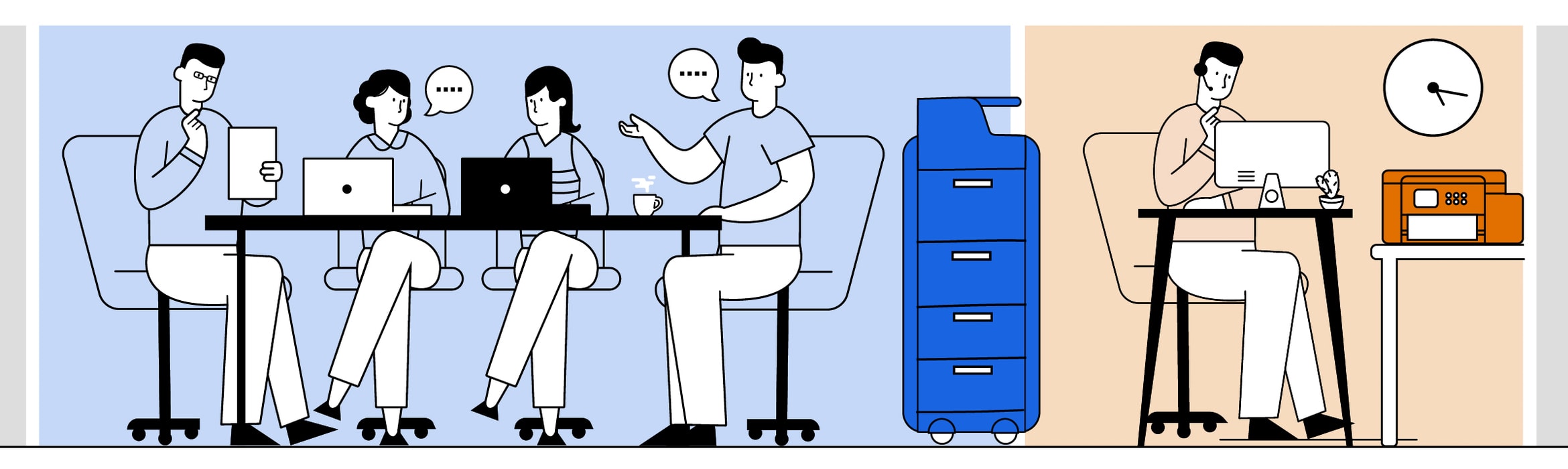 Illustration of four work colleagues having a meeting around a table and a hybrid working expert wearing a headset while sat at a desk in an office environment