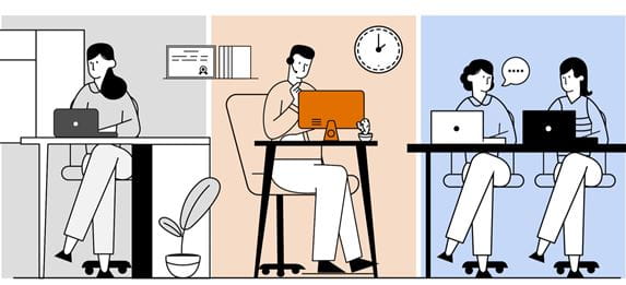 Illustration of a lady in a home office, a man working on a desktop computer and two work colleagues sat together at an office desk to represent hybrid working