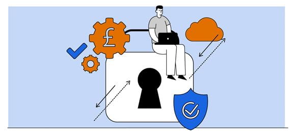 Illustration of a man using a notebook computer while perched on a giant padlock, surrounded by symbols that represent technology solutions