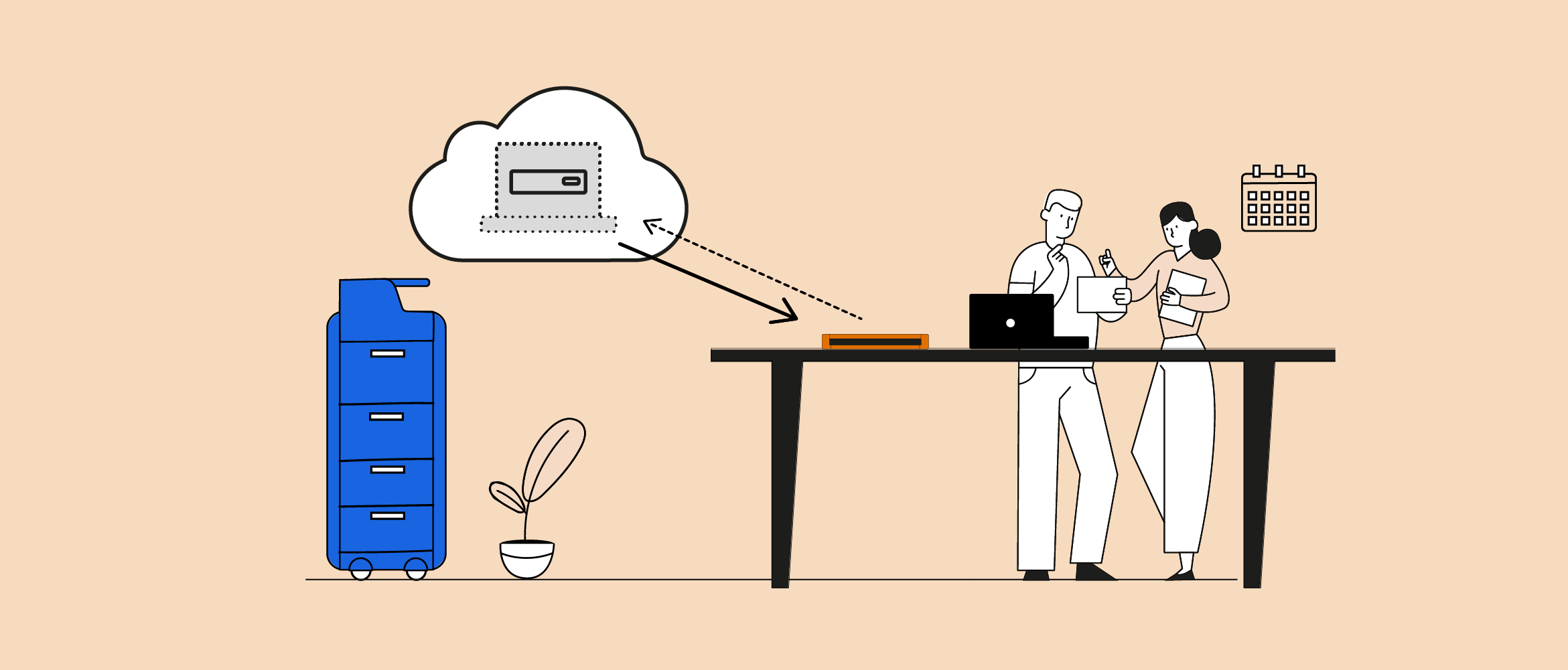 Illustration of a man and a woman discussing a virtual desktop whilst standing next to a laptop