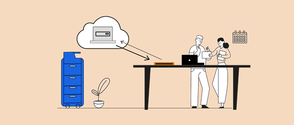 Illustration of a man and a woman discussing a virtual desktop whilst standing next to a laptop