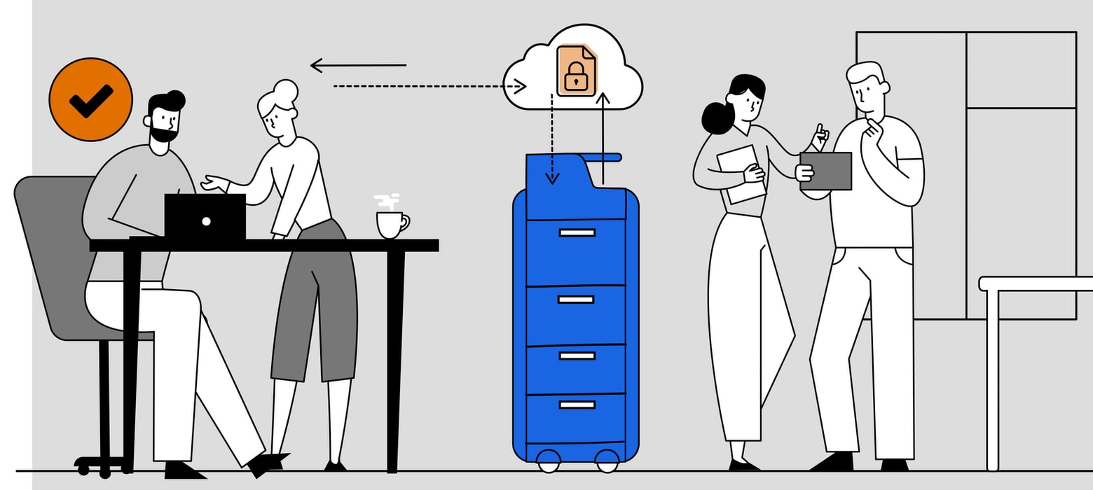 Illustration of male and female colleagues securely printing a document through the cloud with two other colleagues having a discussion in front of a window