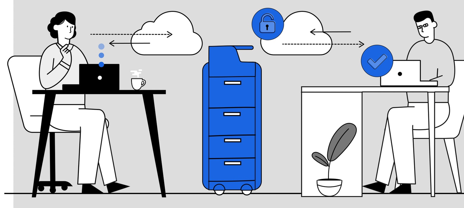 Illustration depicting two people authorising print jobs to a network printer while working remotely