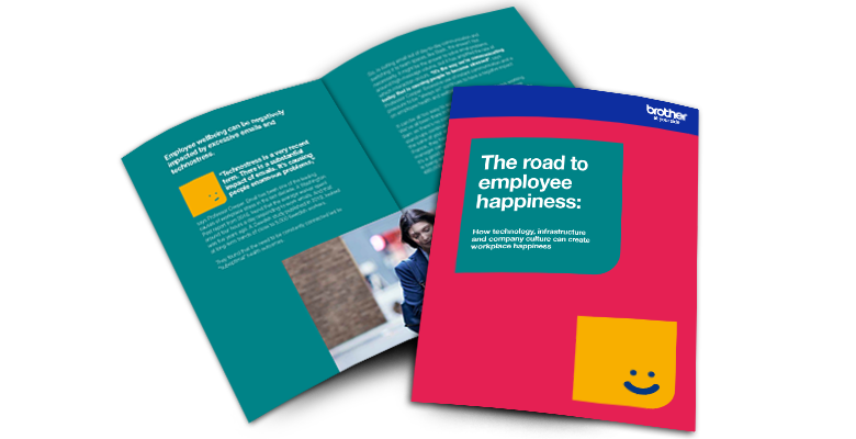 The front guide of The road to employee happiness guide, as well as an open page to display the content