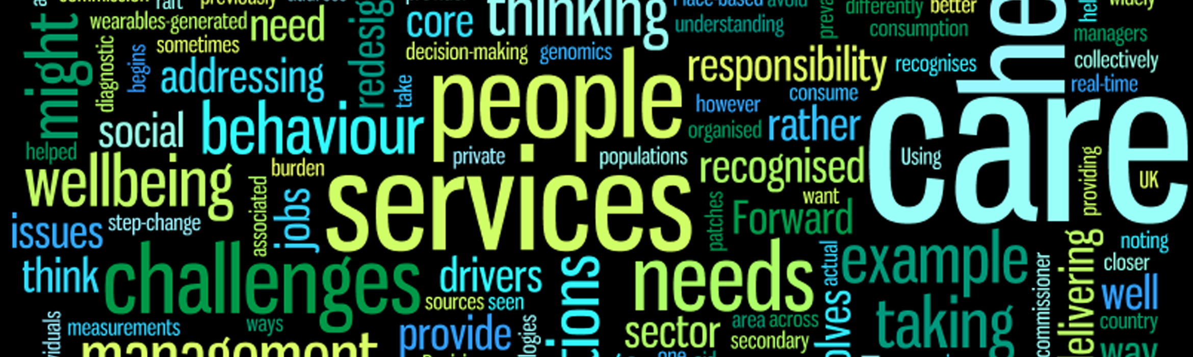 Collage of coloured population health management words on black background