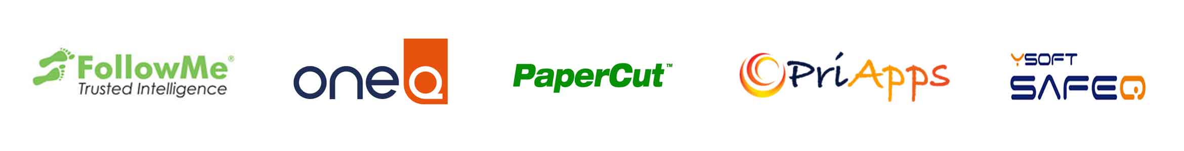 Print Smart compatibility - FollowMe, One Q, PaperCut, PriApps and YSoft logos