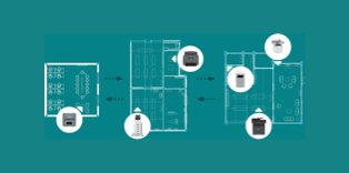 Diagram of six printers situated over floor plans of three office spaces on a teal background