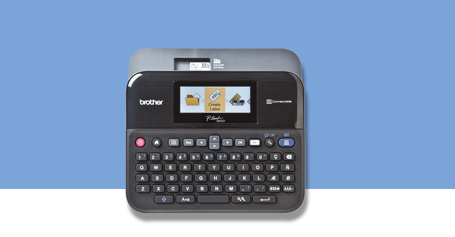 Brother P-touch label printer on a light blue background