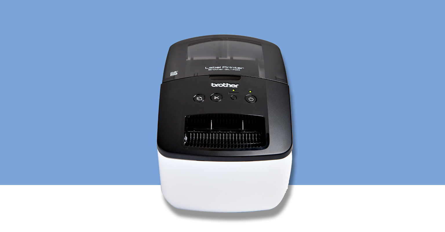 Brother QL label printer on a light blue background