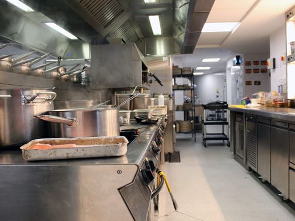 An empty, clean commercial kitchen