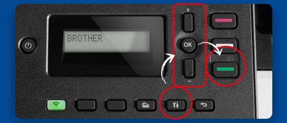 Image of printer menu with buttons, with OK, settings and start button outlined with red circles